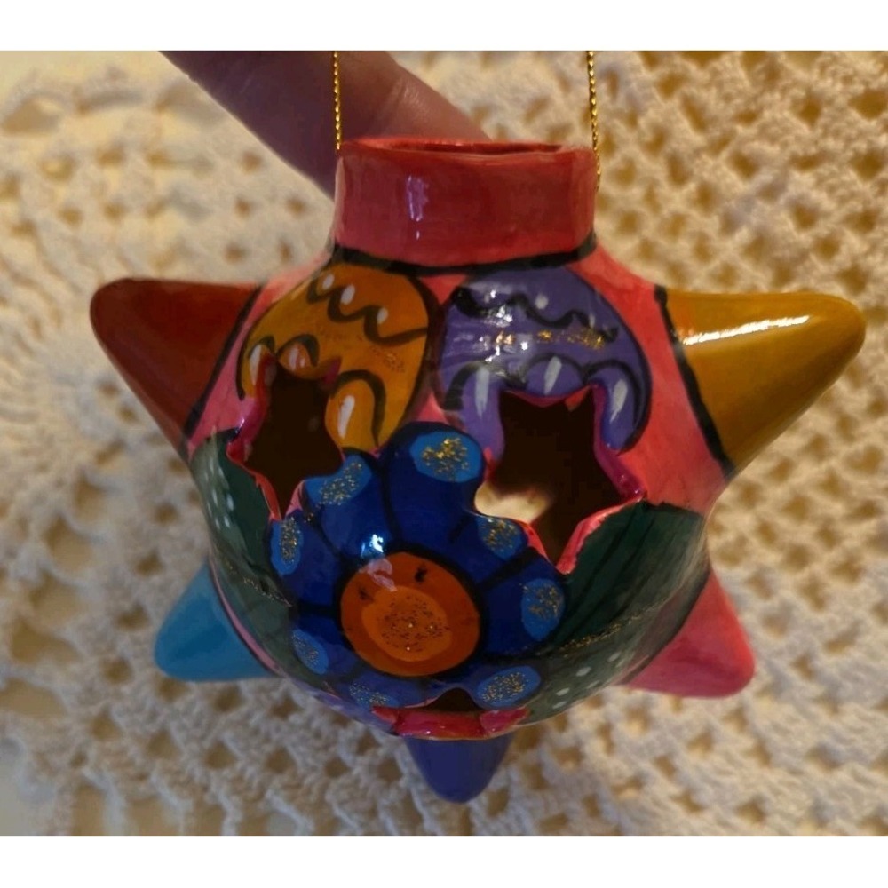 Hand Painted Clay Terra Cotta Ornament Ball Star Piñata Blue Green Red Vintage
